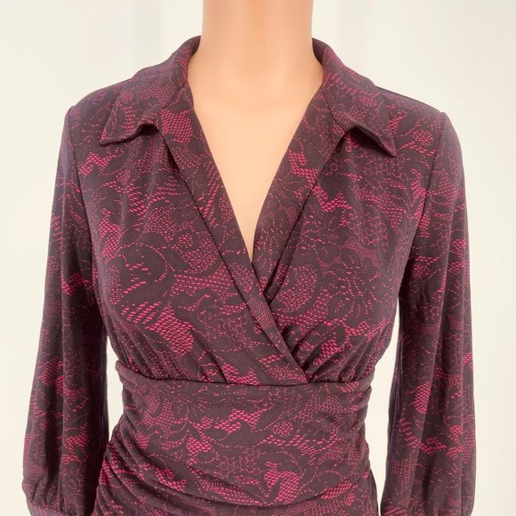 NWT Shape FX Dress S Pink Black Lace Ruched Fit Flare 3/4 Sleeve Built in Girdle - Picture 3 of 12